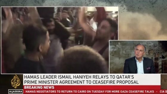 Al Jazeera airs footage of Palestinians in Gaza reportedly celebrating news that Hamas agrees to a ceasefire proposal. – MASHAHER