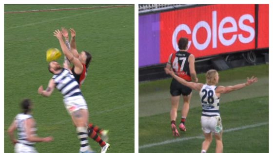 Touchy umpiring calls in Geelong Cats vs Essendon Bombers match, deliberate rushed behind rule, Sam Draper front on contact – MASHAHER