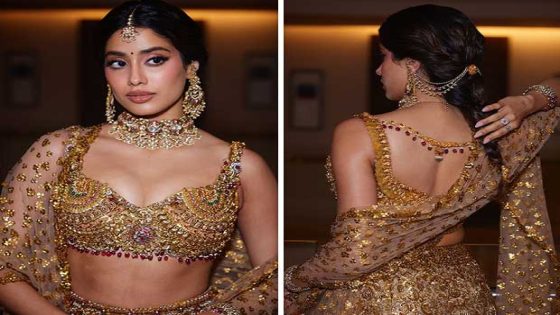 Janhvi Kapoor exudes golden grandeur in bedazzled Falguni Shane Peacock mermaid-style lehenga constructed using real gold temple jewellery at Anant Ambani-Radhika Merchant wedding : Bollywood News – MASHAHER