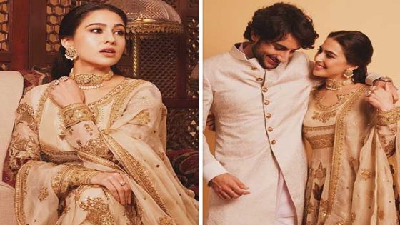 Sara Ali Khan embraces old world charm in Pakistani designer Iqbal Hussain’s ivory pishwas and silk crushed lehenga; Ibrahim Ali Khan complements her with regal Raghavendra Rathore bandhgala : Bollywood News – MASHAHER