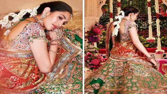 Shloka Mehta exudes elegance in custom Anamika Khanna resham lehenga with gota patti borders and dupatta draped in Gujarati-style saree pallu : Bollywood News – MASHAHER