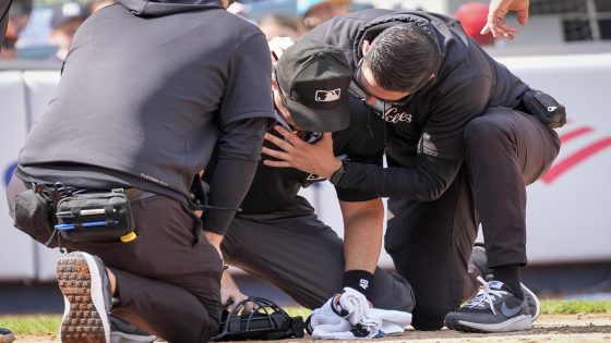 MLB umpire Nick Mahrley carted off field after Giancarlo Stanton’s broken bat hit him in the head – MASHAHER